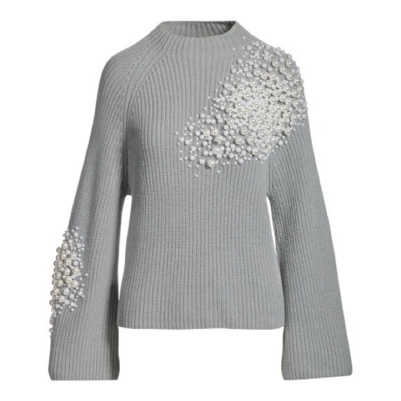 Boston Proper Pearl Embellished Sweater NWT Gray Knit Flare Sleeve Statement Top - Picture 2 of 3